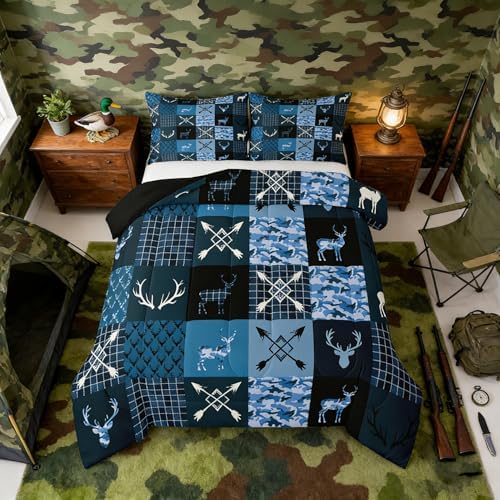 Feelyou Camo Deer Antlers Bedding Set Soft for Boys Girls, Animal Arrow Silhouette Comforter Set Toddler Size Rustic Cabin Duvet Quilt Microfiber Lattice Bedroom Decor 2 Pcs with 1 Pillow Cases