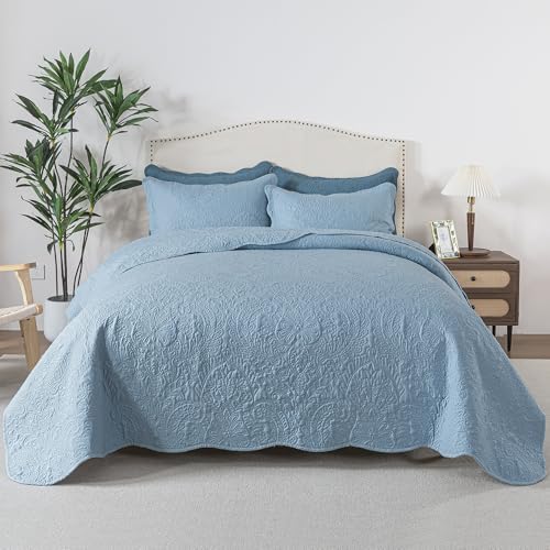HoneiLife Embroidered Quilt King Size - 3 Piece Microfiber Quilt Sets Lightweight Bedspreads Reversible Coverlets Retro Bed Cover Quited Bedding Set Spring/Summer Quilts