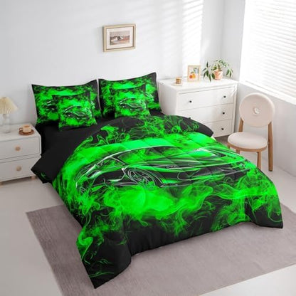 Feelyou Speed Sports Car Comforter Set with Sheets King Size Kids Smoky Race Car 7 Pieces Bedding Set for Boys Girls Teens Racing Car Bed in a Bag Breathable Extreme Sports Bed Set Black Green