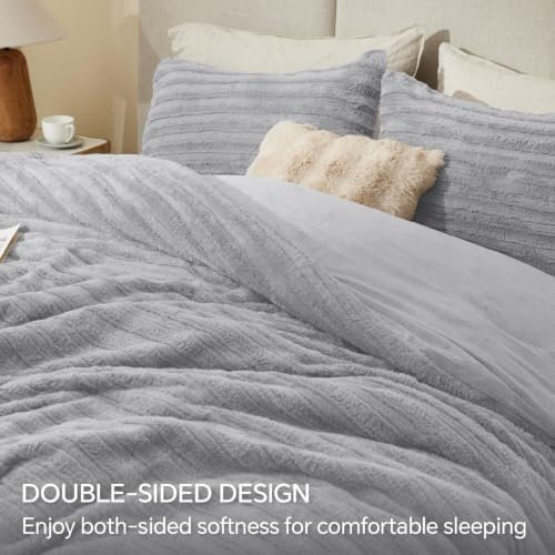 BEDELITE Faux Fur Queen Comforter Set, Fluffy Bed Set, Light Grey
