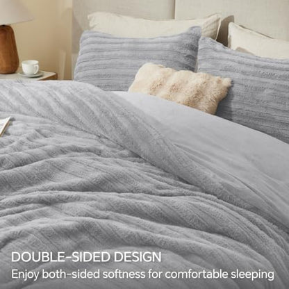 BEDELITE Faux Fur Queen Comforter Set, Fluffy Bed Set, Light Grey