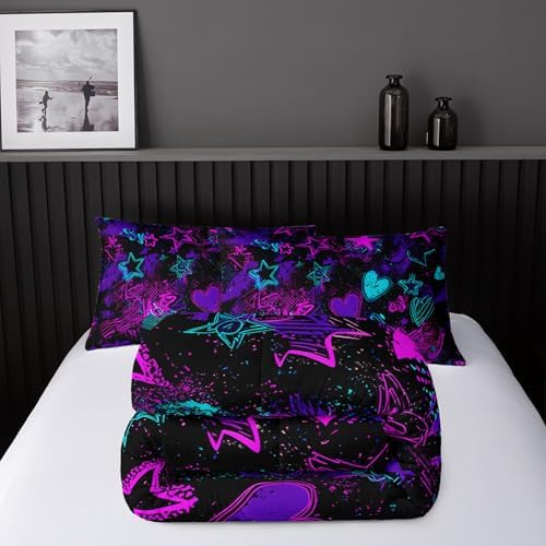 Nttopship Purple Stars Comforter Set King Size,Galaxy Starry Printed Bedding Set,Purple Heart Room Decor with Soft and Lightweight Comforter and 2 Pillowcases