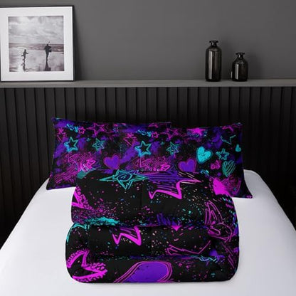 Nttopship Purple Stars Comforter Set King Size,Galaxy Starry Printed Bedding Set,Purple Heart Room Decor with Soft and Lightweight Comforter and 2 Pillowcases