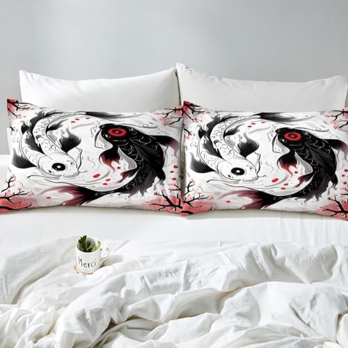 Feelyou Kids Koi Fish Duvet Cover - King Size Yin Yang Bedding Set - Boys & Girls - Cherry Blossom Comforter - Ukiyoe Theme Bedspread