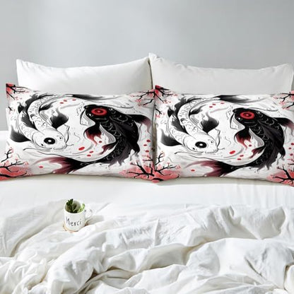 Feelyou Kids Japanese Koi Fish Duvet Cover Twin Size Yin Yang Bedding Set Boys Girls Cherry Blossoms Japanese Ukiyoe Theme Comforter Cover（No Comforter