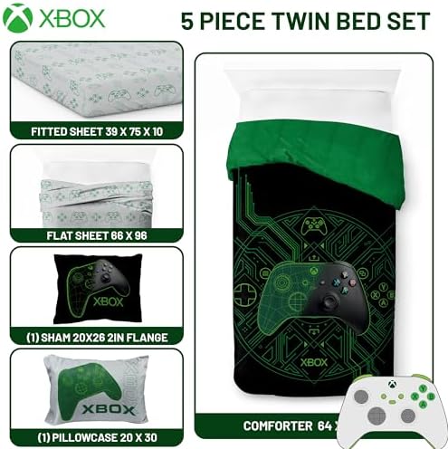 Jay Franco Kids Comforter Set Includes Sheets and Pillow Covers - Soft and Cozy Bed Set for Stylish Room Decor, Official Licensed Product, White - Xbox, 5 Piece Twin
