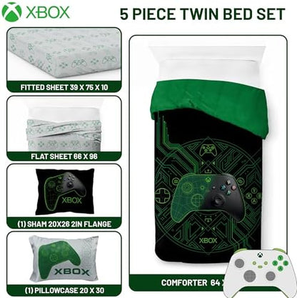 Jay Franco Kids Comforter Set Includes Sheets and Pillow Covers - Soft and Cozy Bed Set for Stylish Room Decor, Official Licensed Product, White - Xbox, 5 Piece Twin