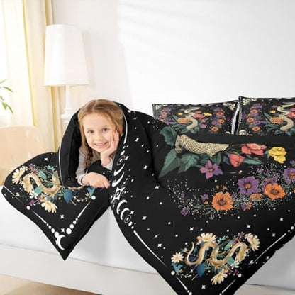 Snake Comforter Set Queen Size,Bohemian Daisy Floral Bedding Set 3Pcs for Kids Girls Boys Teens Room Decor,Sun Moon Starry Sky Quilted Duvet Vintage Hippie Exotic Down Comforter,2 Pillowcases