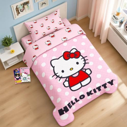 Hello Kitty Sheet Set - Bundle of Bedding with Bedspread, Flat Sheet, Fitted Sheet, and Pillowcase for Twin Bed, More | Bedroom Decor