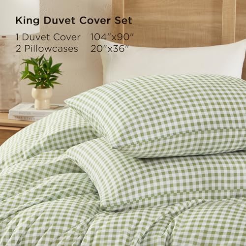 Andency Sage Gingham Duvet Cover King, Green Checkered Plaid Bedding Set