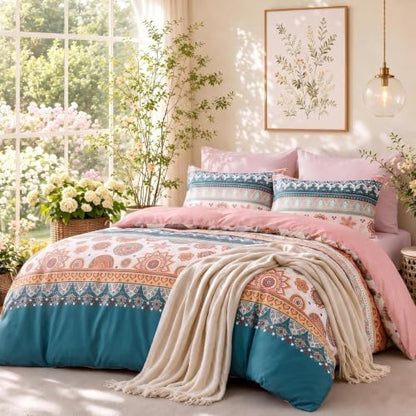 MUXHOMO Full Comforter Set, Bohemian Elegant Floral Print Bed in a Bag 7 Pieces, Ultra Soft & Breathable Reversible Botanical Pattern Bedding Set with Comforter, Sheets, Pillowcases, and Shams