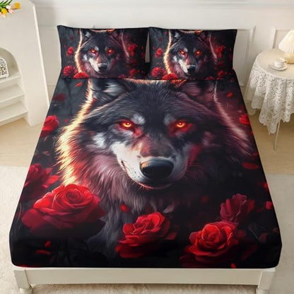 HOSIMA Floral Wolf Bedding Set Full for Teen,1 Fitted Sheet+2 Pillowcases.