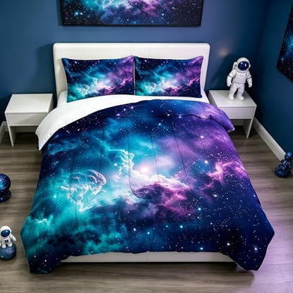 Galaxy Bedding Set King Size Blue Space Comforter for Girls Boys Women Bedroom Decor Moon Cloud Starry Sky Glitter Star Quilt Bed Sets, 1 Comforter 2 Pillowcases
