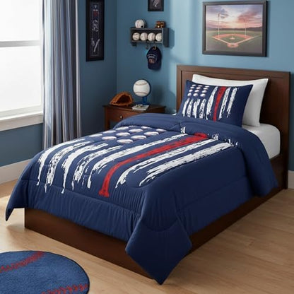 Castle Fairy Kids Baseball Gaming Coverlet Set Toddle Size Navy Blue Comforter Set for Boys Girls Teens Bedroom Decor Softball Comforter Women Men Ball Games Quilt Set with 1 Pillow Case