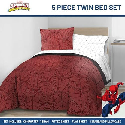 Marvel Spiderman Twin Comforter Set 5 Piece Bedding for Boys, Red