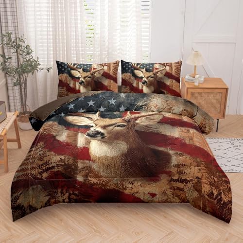 5PCS Deer Comforter Sets Twin,Boys Camo Bedding Twin,American Flag Comforter,Camo Bed Set for Boys,Adults,Teens