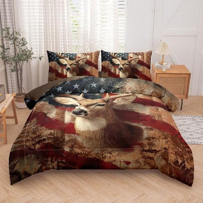 5PCS Deer Comforter Sets Twin,Boys Camo Bedding Twin,American Flag Comforter,Camo Bed Set for Boys,Adults,Teens