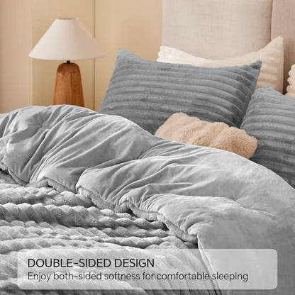 BEDELITE Fleece California King Comforter Set, Fluffy Bed Set, Light Grey