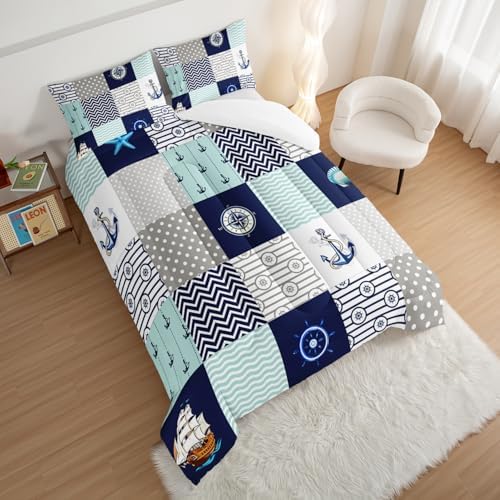 HOSIMA Plaid Patchwork Nautical Comforter Set Queen with 2 Pillowcases.