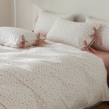 Cotton Floral Duvet Cover Full Size Pink Rose Flower Comforter Cover Chic Floral Stripes Bedding Set Girls Women Cottagecore Duvet Cover with 2 Bowknot Pillowcases Vintage Flower Bedding Set Full