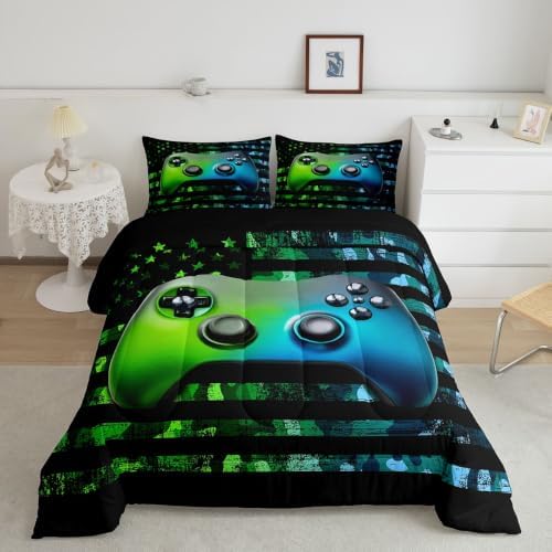 Gamer Comforter Set Queen Kids Boys Teens Usa Flag Stars Down Comforter Gaming Comforter Gamer Room Decor Camo Video Game Bedding Set, Gamepad Console Duvet, Youth Young Man Quilt, Grunge Style