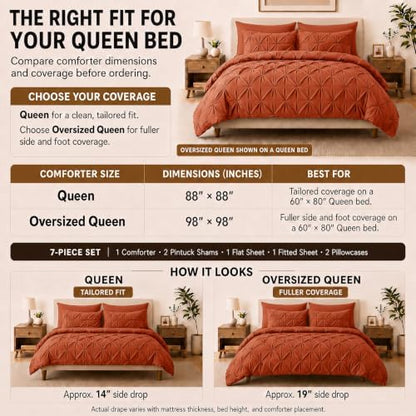 HIMEET Queen Comforter Set Burnt Orange - 7 Pieces Pintuck Bed in a Bag