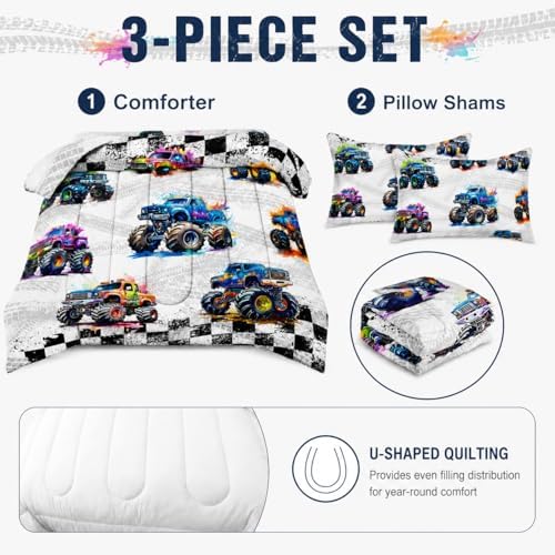 AILONEN 3-Piece Colorful Monster Truck Bedding Set Full Size,Featuring Cartoon Trucks and Checkered Flag Pattern Comforter Set Perfect for Kids Rooms,1 Quilt with 2 Pillowcases,Soft Comfortable