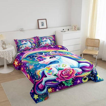 Watercolor Unicorn Kids Comforter Sets Cartoon Rainbow Unicorn Bedding Set,Soft Breathable Reversible Cartoon Cute All Season Comforter Set with 1 Pillowcase for Girls Girly Bedroom Decor Twin Size