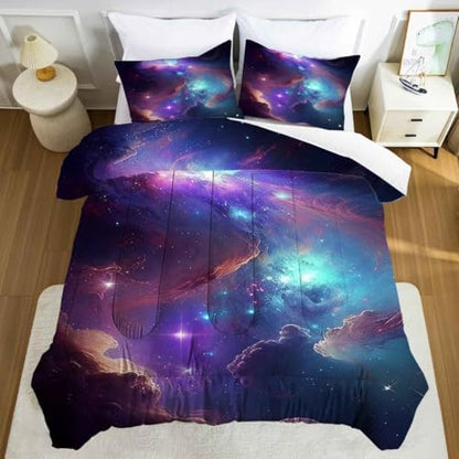 Galaxy Bedding Set Twin Size Blue Purple Outer Space Comforter Sets for Girls Boys Kids Teens Women Starry Glitter Nebula Quilt 1 Comforter + 1 Pillow Case