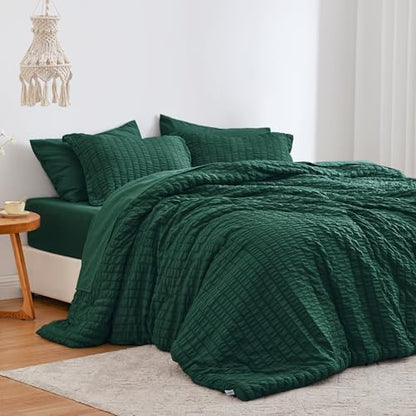 Love's cabin Seersucker Dark Green Full Comforter Set