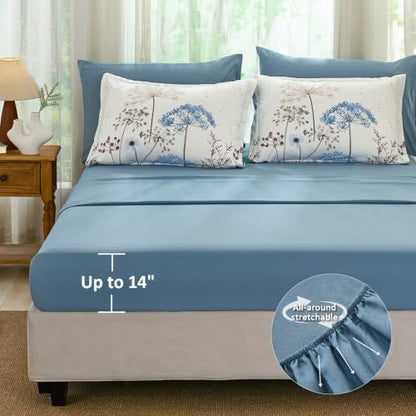 Yiran Queen Comforter Size Set, 7 Piece Blue Dandelion Floral Bed in a Bag