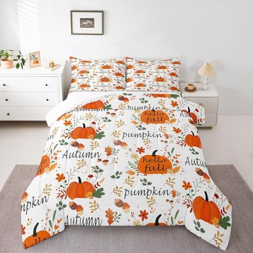 Homewish Pumpkin Pattern Comforter Set,Happy Fall Bedding Set for Kids Girls Boys,Teens Adults Autumn Leaves Comforter,Harvest Season Quilted Duvet Set Bedroom Collection Twin Size 2Pcs