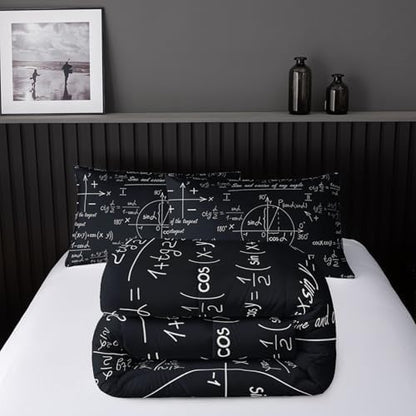Math Equations Bedding Set for Boys,Mathematics Comforter Set, Math Geometry Axis Art Quilted Duvet for Teens Bedroom Decor,Modern Decorative 3 Piece Bedding Set with 2 Pillow Shams,King Size,Black