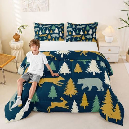 Feelyou Moose Fox Comforter Set Queen Size Soft Kids Nature Woodland Wild Animal Bedding Set with Pillow Case Farmhouse Bear Bathroom Lightweight Breathable Comforter