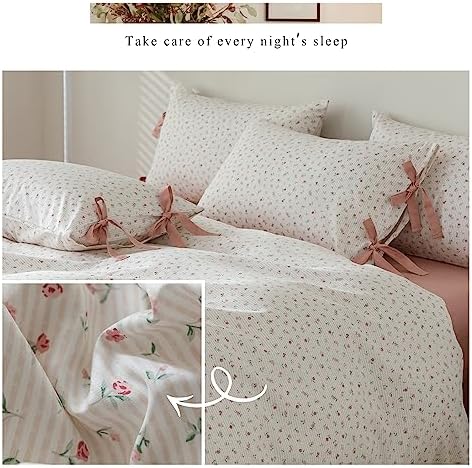 LifeTB King Size Comforter Set Garden Style Pink White Floral Comforter Set Cozy Aesthetic Bedding Cottagecore Comforter Vintage Botanical Flower Comforter with 2 Bow Ties Pillowcases Fluffy Bed Set