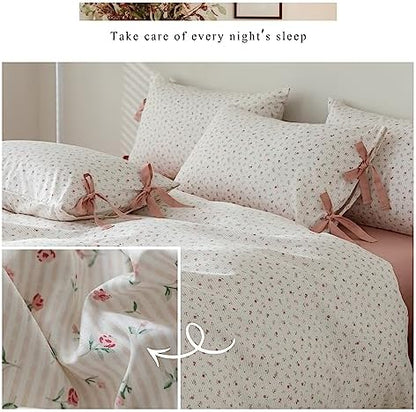 mixinni White Flower Pattern Duvet Cover Full Pink Floral Stripes Duvet Cover Set 100% Cotton Bedding Set with Zipper Ties Bow Tie Pillowcases, Easy Care, Ultra Soft and Breathable-Full Size