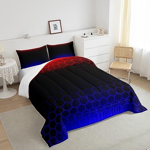 Red Blue Ombre Hexagon Comforter Full Size, Honeycomb Bedding Set Geometrics Hexagon Comforter Set for Kids Boys Girls Abstract Red and Black Duvet Set Bed Set 3Pcs