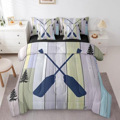 Erosebridal Rustic Farmhouse 7 Pieces Bedding Sets Old Barn Door Twin Comforter Set with Sheets for Boys Girls Kids Room Decor Blue Lake Paddle Decor Bed in a Bag Bed Set Reversible