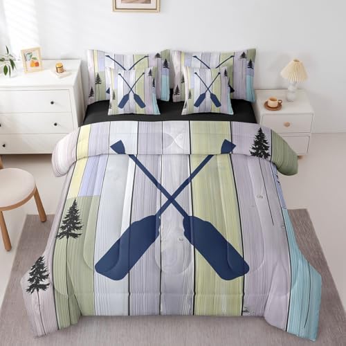 Erosebridal Rustic Farmhouse 7 Pieces Bedding Sets Old Barn Door King Comforter Set with Sheets for Boys Girls Kids Room Decor Blue Lake Paddle Decor Bed in a Bag Bed Set Reversible