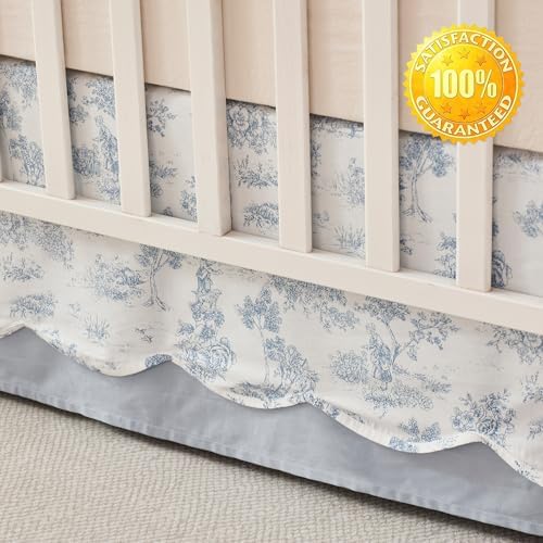 Brandream Scallop Edge Organic Cotton Crib Skirt, Baby Girl, Gender Neutral Crib Skirt Toddler Bedskirt French Country Toile Farmhouse Chic Nursery Crib Bed Skirt 2-Tiered with Solid Blue Skirt
