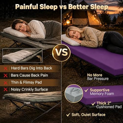 CYMULA Camping Cot Pad 2 Inch Memory Foam, Pad Only,Camping Pad for Folding Cot and Foldable Cot, Portable Roll Up Camp Gear for Car Camping Travel Tent, Non-Slip Waterproof Bottom, Removable Cover