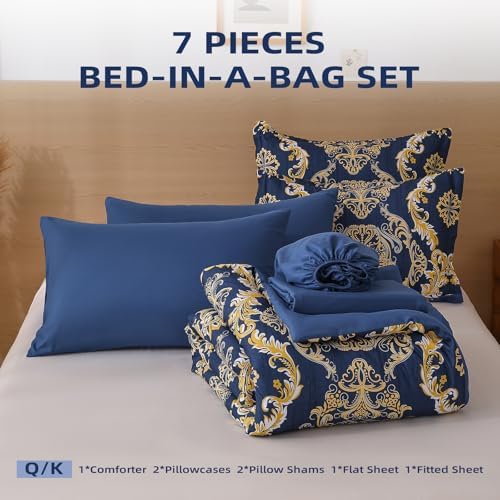WONGS BEDDING Blue Gold Comforter Set King Size, Damask Texture 7 Pieces Bed in a Bag Microfiber Comforter Bedding Sets -1 Comforter, 1 Flat Sheet, 1 Fitted Sheet, 2 Pillow Shams, 2 Pillowcases