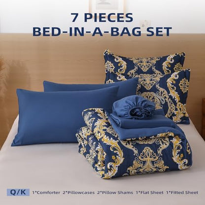 WONGS BEDDING Blue Gold Comforter Set King Size, Damask Texture 7 Pieces Bed in a Bag Microfiber Comforter Bedding Sets -1 Comforter, 1 Flat Sheet, 1 Fitted Sheet, 2 Pillow Shams, 2 Pillowcases