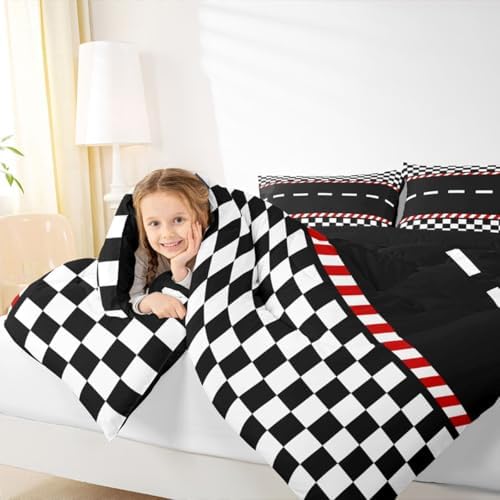 Feelyou Boys Race Car Comforter Set All Season Black White Plaid Bedding Set with 2 Pillow Cases Buffalo Check Microfiber Kids Full Bedclothes Bedroom Decor Duvet Quilt Breathable Soft Lightweight
