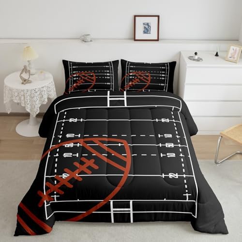 American Football Field Queen Size Comforter Set,Boys Ball Sports Games Themed Bedding Set with 2 Pillowcases,Brown Rugby Gloves Sporting Equipment Breathable Polyester Bedding Comforters