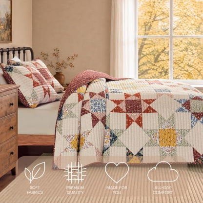 Queen Quilt Set-3 Pieces Soft Bedding Lightweight Patchwork Coverlet