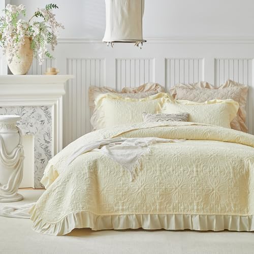 Ruffles Quilt Set King Size 96 * 108 in - 3 Pieces Solid Shabby Chic Farmhouse Ruffled Bedding Rustic Coverlet Lightweight Fluffy Summer Oversized Bedspread with Shams for Women Men Light Yellow