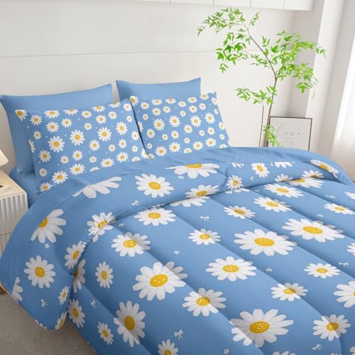 7Pcs Comforter Set Daisy Flowers Printed Bedding Set with 1 Comforter,1 Flat Sheet,1 Fitted Sheet and 4 Pillowcases for Men and Women Bedroom All Season(Queen)