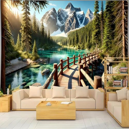 FENDROM Snow Mountain Forest Tapestry Scenic Green Pine Tree Lake Landscape Backdrop Wall Mural Covering for Dorm Living Room Decor