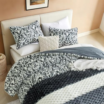 Petrichor Fluffy King Comforter Set - Black and White Striped Faux Fur Blanket for King Bed, Ultra-Soft Warm Bedding for Winter & Fall, Cozy 3 Piece Bed Set (1 Comforter & 2 Pillowcases)
